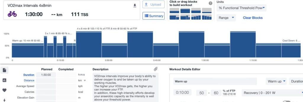 A TrainingPeaks workout shows the 4x8min Vo2max workout from Dr. Stephen Seiler. The workout is presented in blue colour while the description is presented in a grey box.