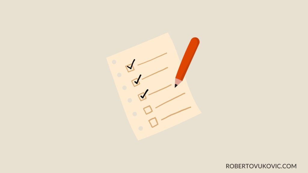 On beige background a checklist in light orange with an orange pen is presented with the presenter website "robertovukovic.com" signed below.